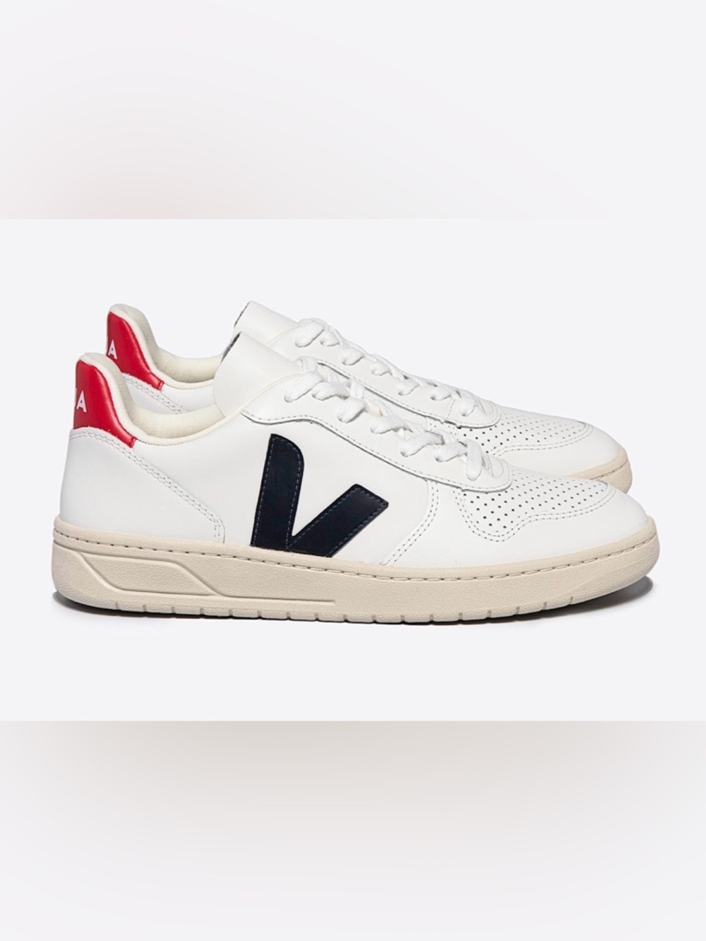Veja V-10 White Sneakers with Black 'V' and Red Heel Tab
